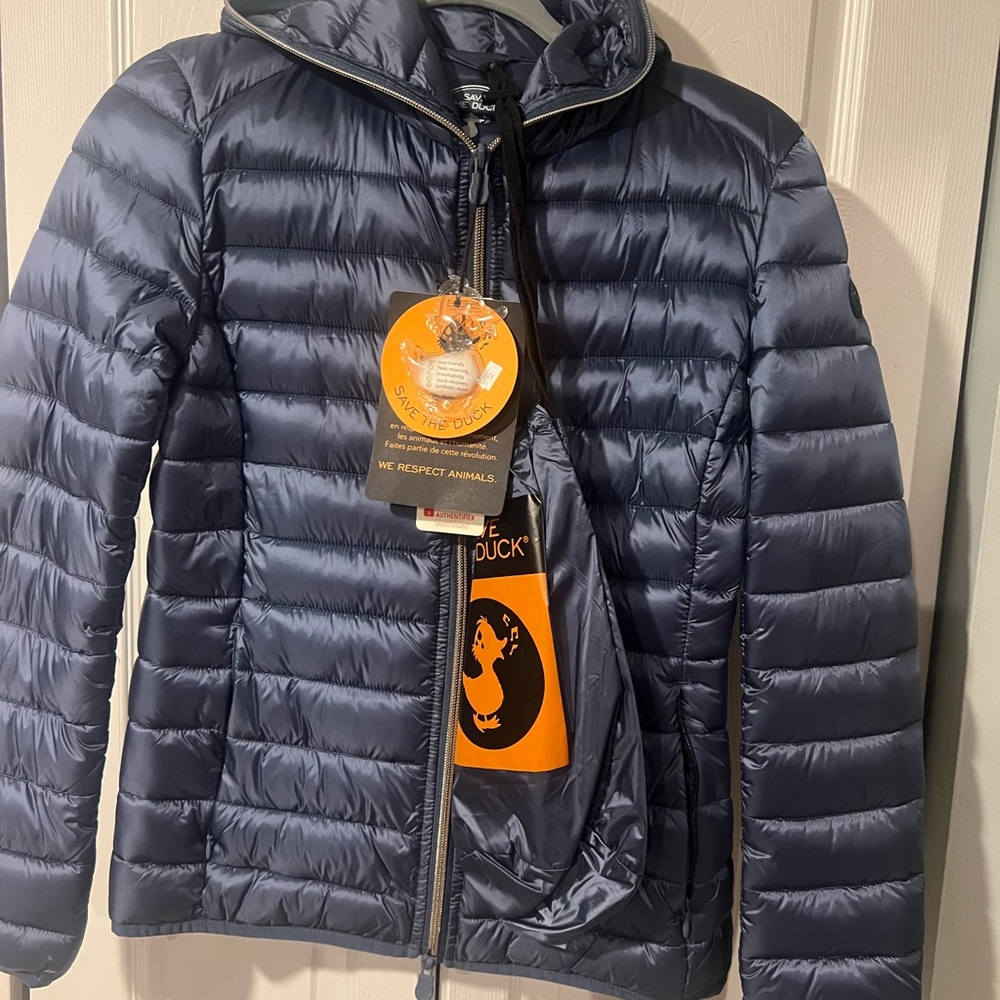 SAVE THE DUCK Blue Puffer Jacket with Quilted Design and Full-Length Zipper